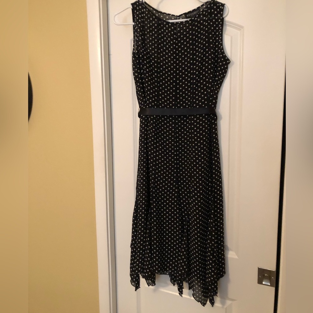 Studio I Sleeveless Black and White Polka Dot Midi Dress